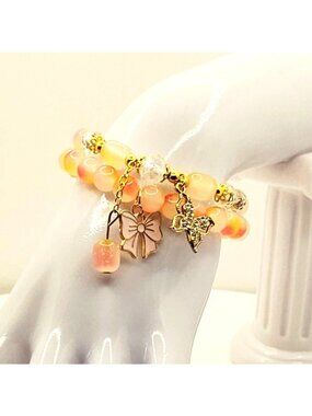 Peach Bow Butterfly Bracelet, Coquette Charm Bracelet, Feminine Beaded Jewelry